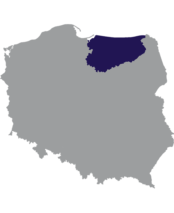 Landkaart Polen grijs met Woiwodschap Ermland-Mazurië donkerblauw op transparante achtergrond - 600 * 733 pixels